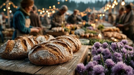 Farmers market with bread, produce, flowers, and bustling shoppers