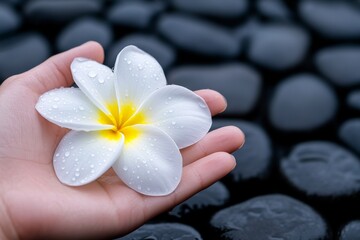 Black stones on the background, wet, hand holding a white flower with a yellow center. Generative AI