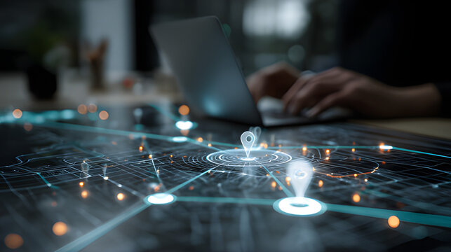 Autonomous AI digital roadmap with glowing location pin icons agent. Urban planning business operation GIS navigation tracking. Lost items  and transportation network distribution