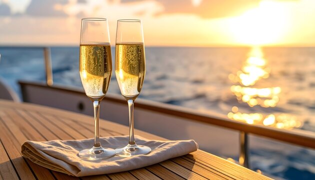 Brindis con copas de champ&aacute;n en un yate durante la puesta de sol