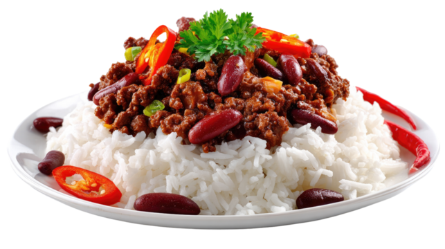 Aromatic Chili and Rice: This mouthwatering dish is a vibrant composition, showcasing a generous serving of chili con carne atop a bed of fluffy white rice.