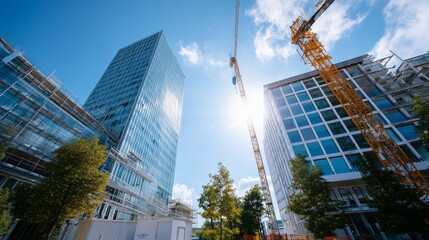 Fototapeta premium Construction progress of modern buildings under a bright blue sky in an urban area with cranes visible