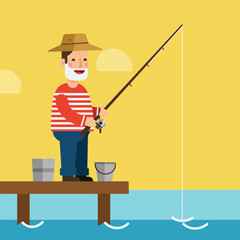 Man Fishing with a Rod on a Wooden Dock Against Yellow Background