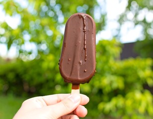 Chocolate ice cream bar held in hand.  Blurred green background