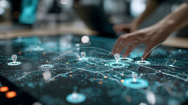 Autonomous AI digital roadmap with glowing location pin icons agent. Urban planning business operation GIS navigation tracking. Lost items  and transportation network distribution