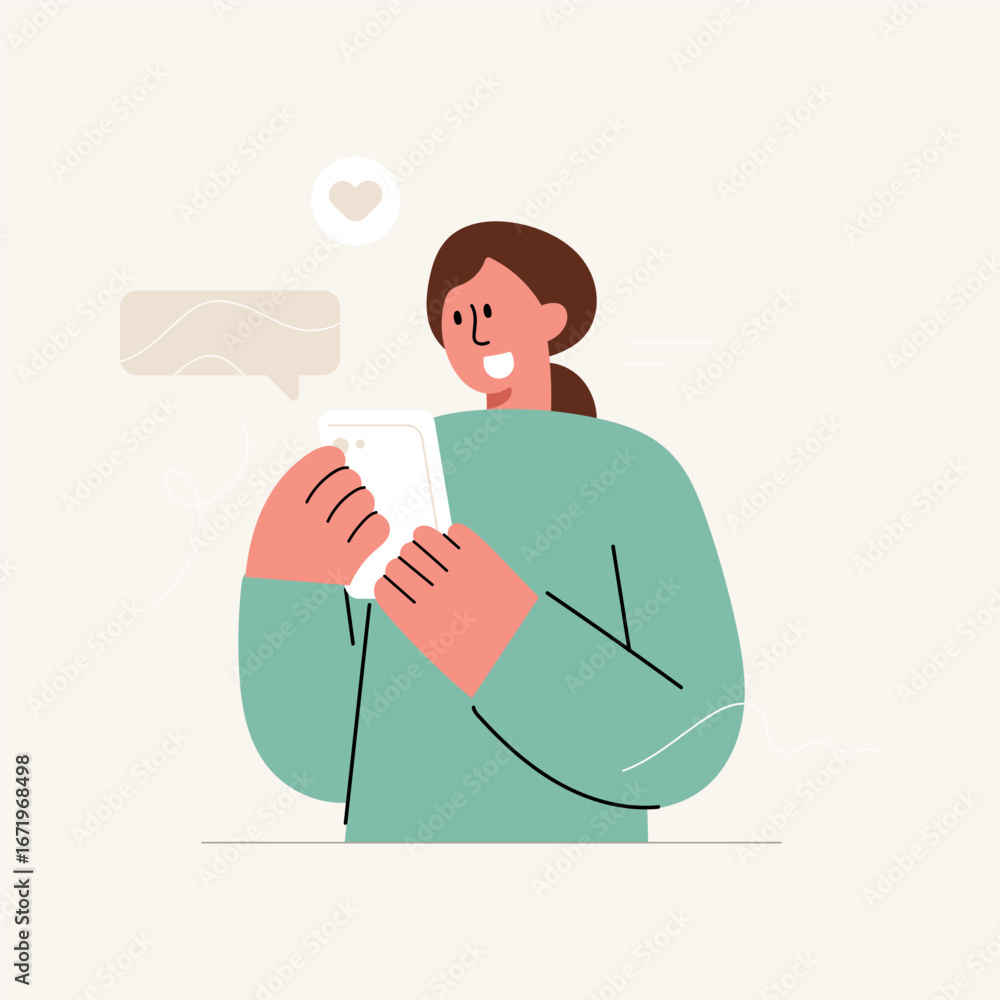 Poster flat vector illustration of a character chatting with text messages. online chat communication conce
