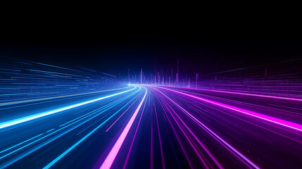  futuristic digital background features vibrant neon light trails, creating a sense of speed and energy, and vertical glowing lines resembling data streams or skyscrapers.