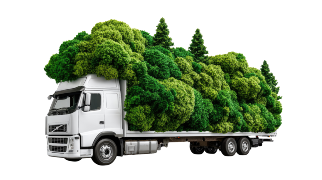 Green Transport: A heavy transport vehicle is overloaded with vibrant greenery, symbolizes eco-consciousness, and sustainability.