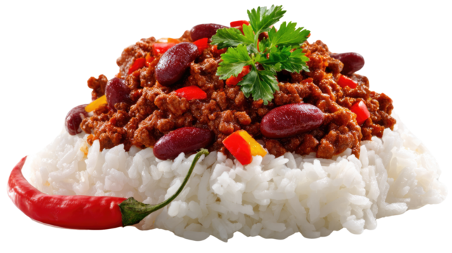 Chili Rice Delight: A culinary masterpiece of savory chili nestled atop a bed of fluffy rice, garnished with fresh ingredients and vibrant chili pepper, tantalizing the viewer's appetite.