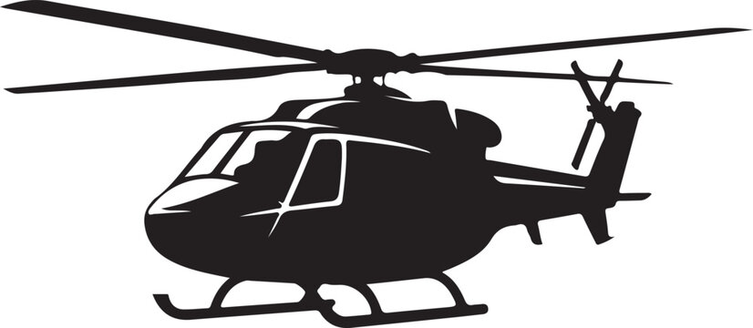 Silhouette of a helicopter with rotating blades and landing gear on a white background