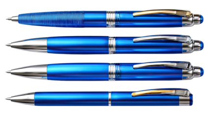 Blue Pen Variations: A selection of elegant blue pens, each with its own unique design, lies in a row, showcasing the diversity and sophistication of writing instruments.