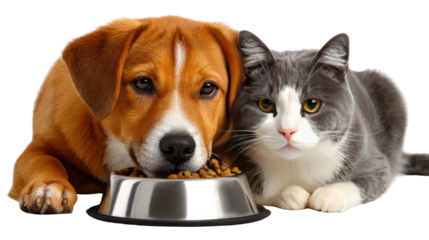 Furry Friends Mealtime: A heartwarming scene captures a loyal dog and a curious cat sharing a meal. The close bond, a visual testament to companionship.