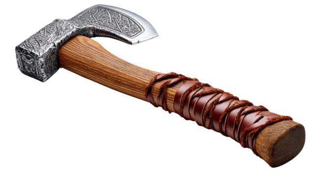 Handcrafted Axe: A meticulously crafted axe, displaying a wooden handle wrapped in leather, evokes a sense of history and craftsmanship. The polished axe head gleams, ready for any challenge. 