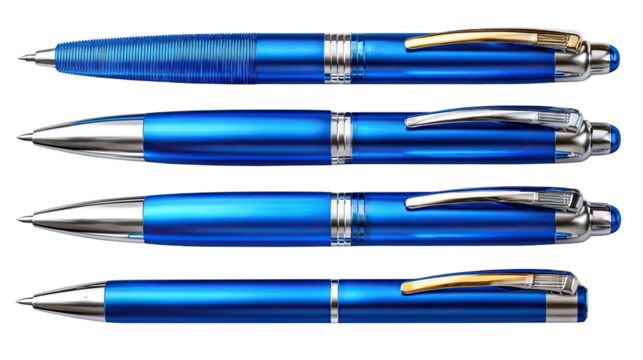 Blue Pen Variations: A selection of elegant blue pens, each with its own unique design, lies in a row, showcasing the diversity and sophistication of writing instruments.