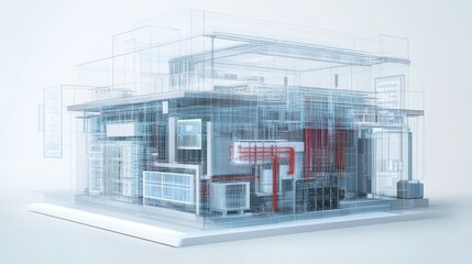 Obraz premium Cutaway 3D model of an AI-optimized energy distribution center with power flow, smart grid controls, and data units. White background.