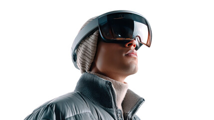 Fototapeta premium Prepared for the Slopes: A portrait of a person fully geared up in winter sport gear, gazing upwards, against a light backdrop. A sense of anticipation and readiness.