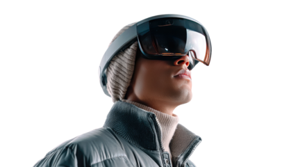 Prepared for the Slopes: A portrait of a person fully geared up in winter sport gear, gazing upwards, against a light backdrop. A sense of anticipation and readiness.