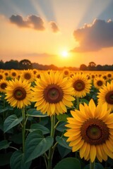 Obraz premium A field of sunflowers basking in the golden light of dawn, their faces turned towards the rising sun, a vibrant display of nature's radiant beauty , bloom, sunflowers, petals