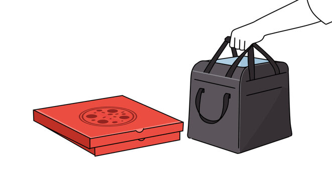 Hand carrying a black insulated food bag next to a stack of red pizza boxes, a food delivery concept illustration.