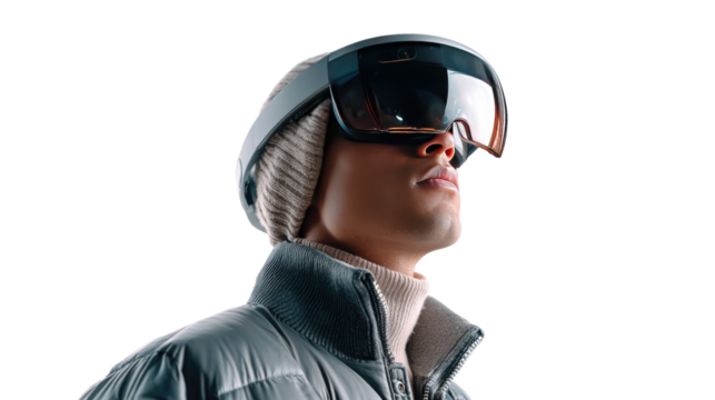 Prepared for the Slopes: A portrait of a person fully geared up in winter sport gear, gazing upwards, against a light backdrop. A sense of anticipation and readiness.