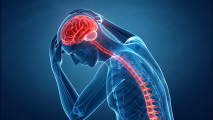 Aching head spine A digital rendering shows the intense pain of a migraine and spinal problem with a