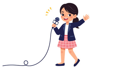 Cheerful young girl reporter with a microphone, wearing a blazer and plaid skirt, waving happily.