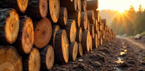 Freshly Cut Lumber Stack Awaits Transport Sunlight Gleams on Damp Wood, Ready for Processing in Sustainable Forestry Operation