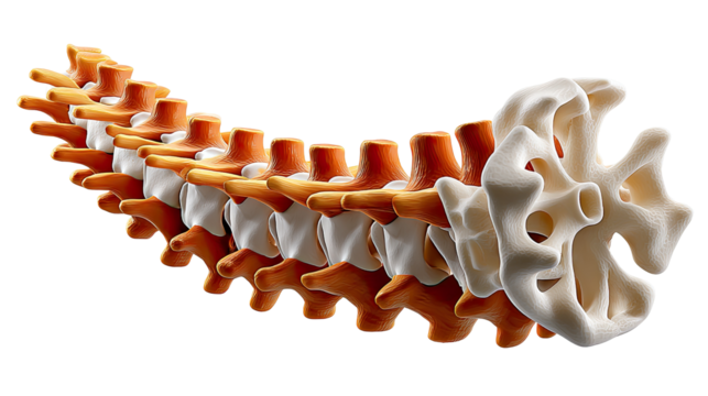 Anatomical Lumbar Spine Display: A meticulously rendered anatomical model of the lumbar spine, highlighting the intricate structure of the vertebrae, intervertebral discs.