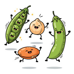 A cheerful group of illustrated legume characters dancing happily including a pea pod chickpea soybean and lentil.