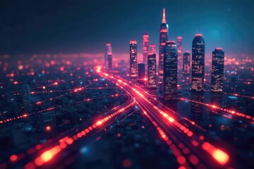 A futuristic cityscape with interconnected nodes and glowing lines illustrating seamless data flow and technological integration ,  internet, network