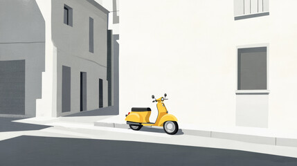 Minimalist urban street scene with a single yellow moped, surrounded by soft gray and white buildings, blending clean lines with modern city simplicity.