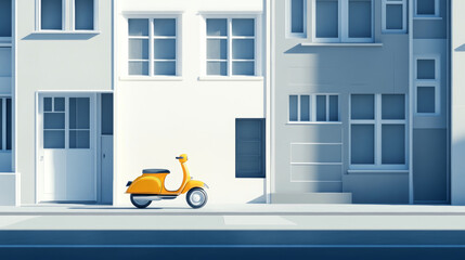 Minimalist urban street scene with a single yellow moped, surrounded by soft gray and white buildings, blending clean lines with modern city simplicity.