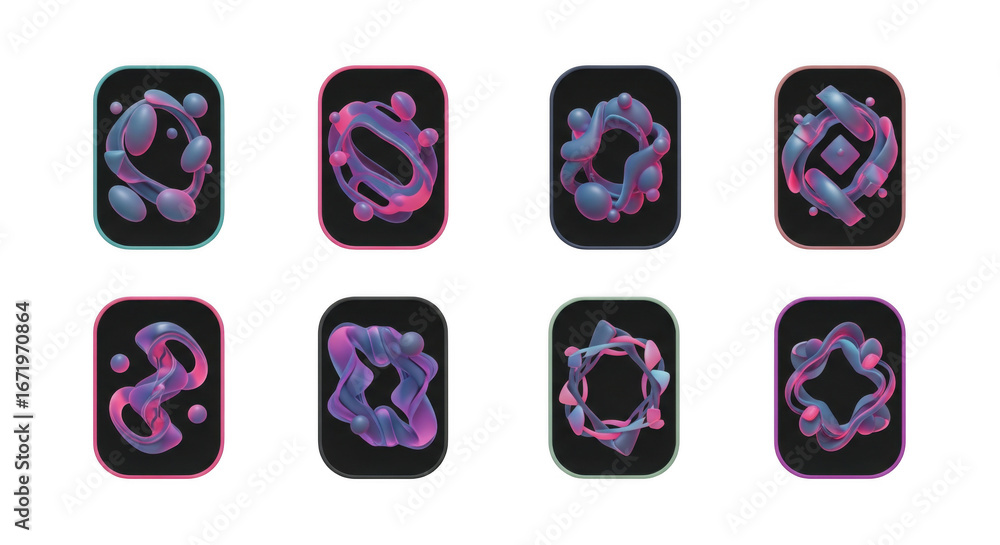 Poster a set of unique 3d geometric fluid abstract elements with vibrant gradients