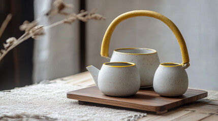 Modern ceramic tea set with soft matte finish and delicate yellow accents on handles and rims, blending minimalist elegance with contemporary handcrafted design.
