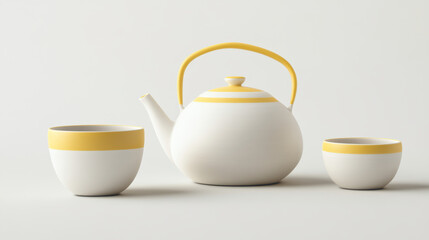 Modern ceramic tea set with soft matte finish and delicate yellow accents on handles and rims, blending minimalist elegance with contemporary handcrafted design.