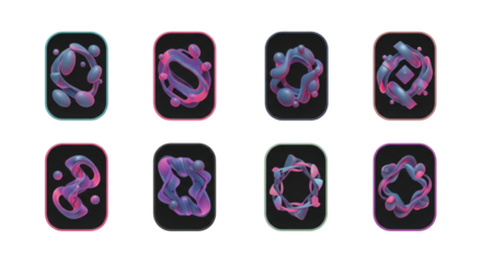A set of unique 3D geometric fluid abstract elements with vibrant gradients