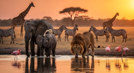 Naklejka premium African wildlife at sunset with zebras, elephants, giraffes, lion, and flamingos at a water hole