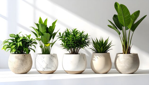 Conjunto de plantas de interior en macetas minimalistas sobre superficie blanca
