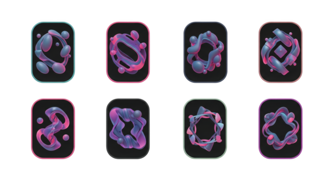 A set of unique 3D geometric fluid abstract elements with vibrant gradients