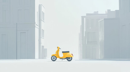 Minimalist urban street scene with a single yellow moped, surrounded by soft gray and white buildings, blending clean lines with modern city simplicity.