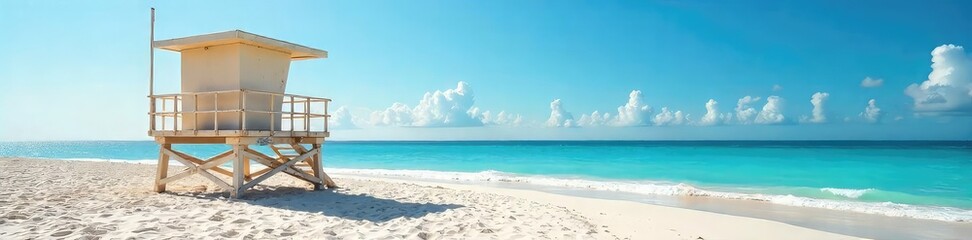A lifeguard tower stands tall on a pristine beach, overlooking calm turquoise waters and a gently sloping sandy shore, ready to ensure a safe and enjoyable day for all visitors , security, nature