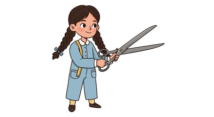 Cartoon Girl with Braids Holding Large Scissors and Measuring Tape