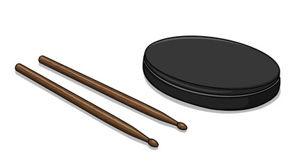 A pair of wooden drumsticks with a black, round drum practice pad in an isometric illustration style.