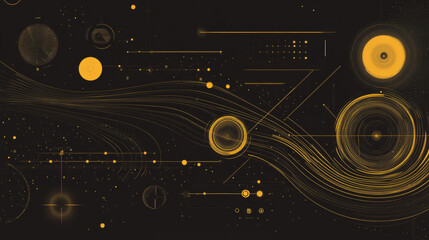 A minimalist holographic interface design in yellow on a dark background. Key elements include circles, lines, and data graphics.