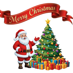 Merry Christmas Ribbon Banner over Christmas Tree and Gifts