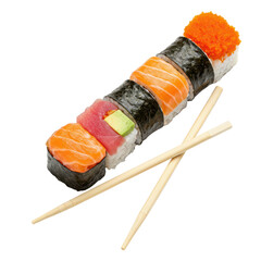 Assorted Sushi Rolls Product Shot with Wooden Chopsticks, Isolated on White Background