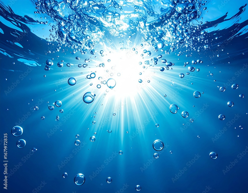 Poster sunlight through blue underwater scene with ascending bubbles creating a tranquil abstract