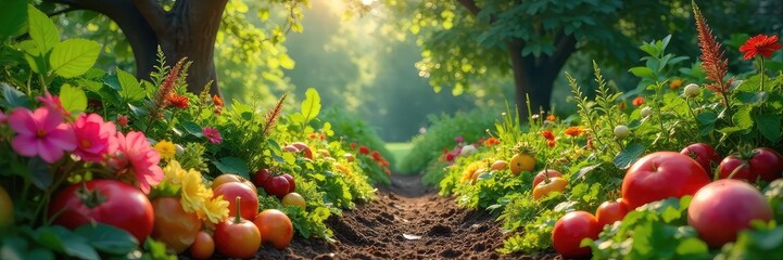 A lush, vibrant garden overflowing with blooming flowers, glistening fruits, and thriving vegetables; a visual metaphor for wealth and abundance growing organically , vegetables, vibrant, flowers