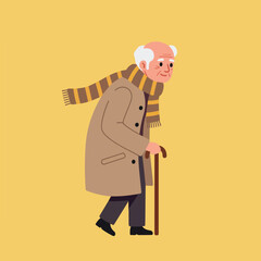 Elderly Person Walking Slowly with Cane Outdoor on Neutral Yellow Background