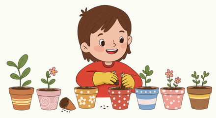 Joyful cartoon child with brown hair wearing yellow gloves, planting seeds in a row of colorful, decorated flowerpots.